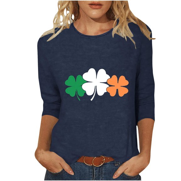 Oplxuo Women's St Patrick's Day Shirts Funny 3/4 Sleeve Shamrock Print T-Shirts Crew Neck Saints Irish Shamrocks Outfit
