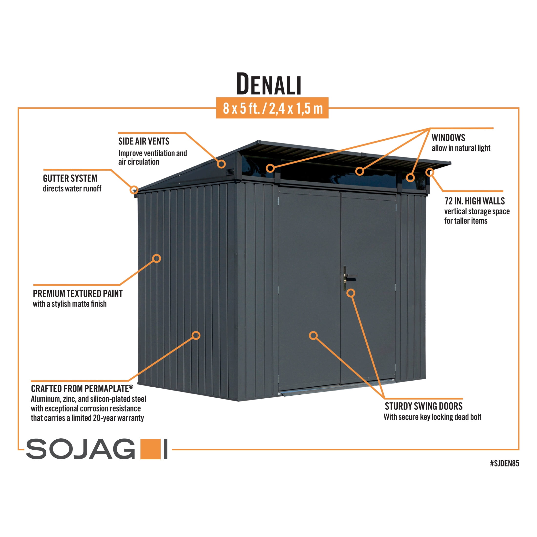 Sojag Denali 5 x 8 x 7 ft Anthracite Shed