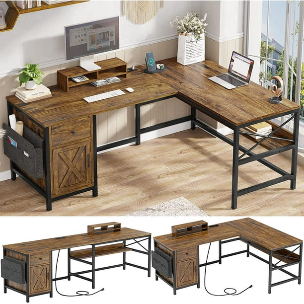 Brown L Shaped Desk with Charging Stations for Home Office, Rustic