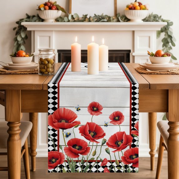 Table Runners 90 Inches Long Dress Scarves, Red Poppy Welcome Farmhouse Coffee/Dining/Kitchen Table Decor Table Runner for Living Room, Floral Black Buffalo Plaid Wooden 13x90 Inch