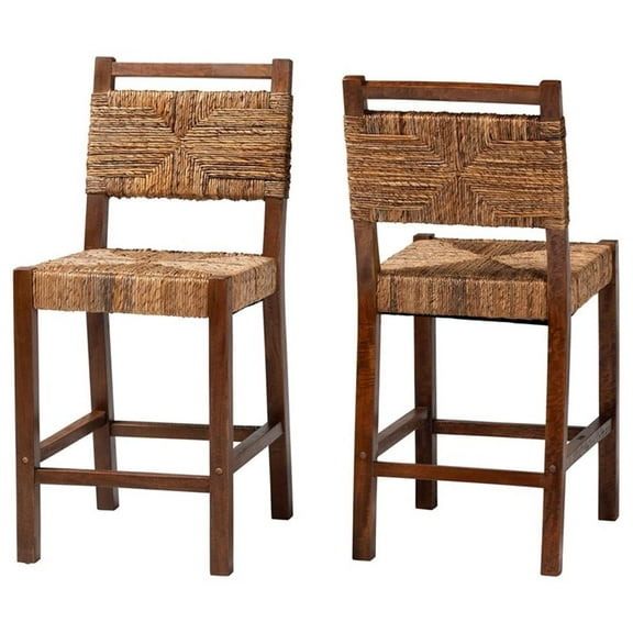 Pemberly Row Natural Seagrass and Mahogany Wood 2-Piece Counter Stool Set