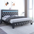 thumbnail image 2 of Queen Size Faux Leather LED Bed Frame with Adjustable Headboard Upholstered Platform Bed with Charging Station Diamond Button Tufted Style, Black, 2 of 9