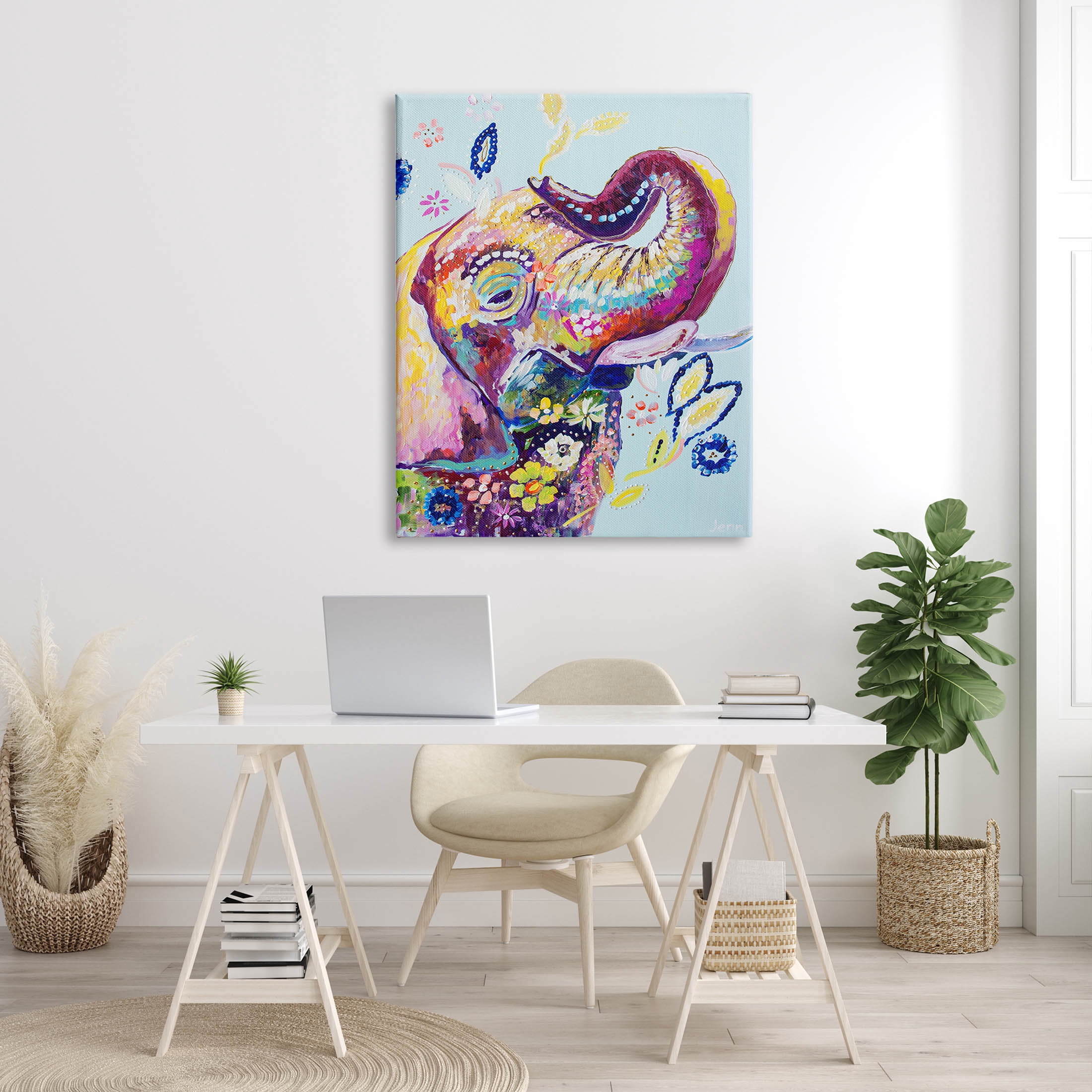 Floral Pattern Fun Elephant Animals & Insects Painting Gallery Wrapped Canvas Print Wall Art