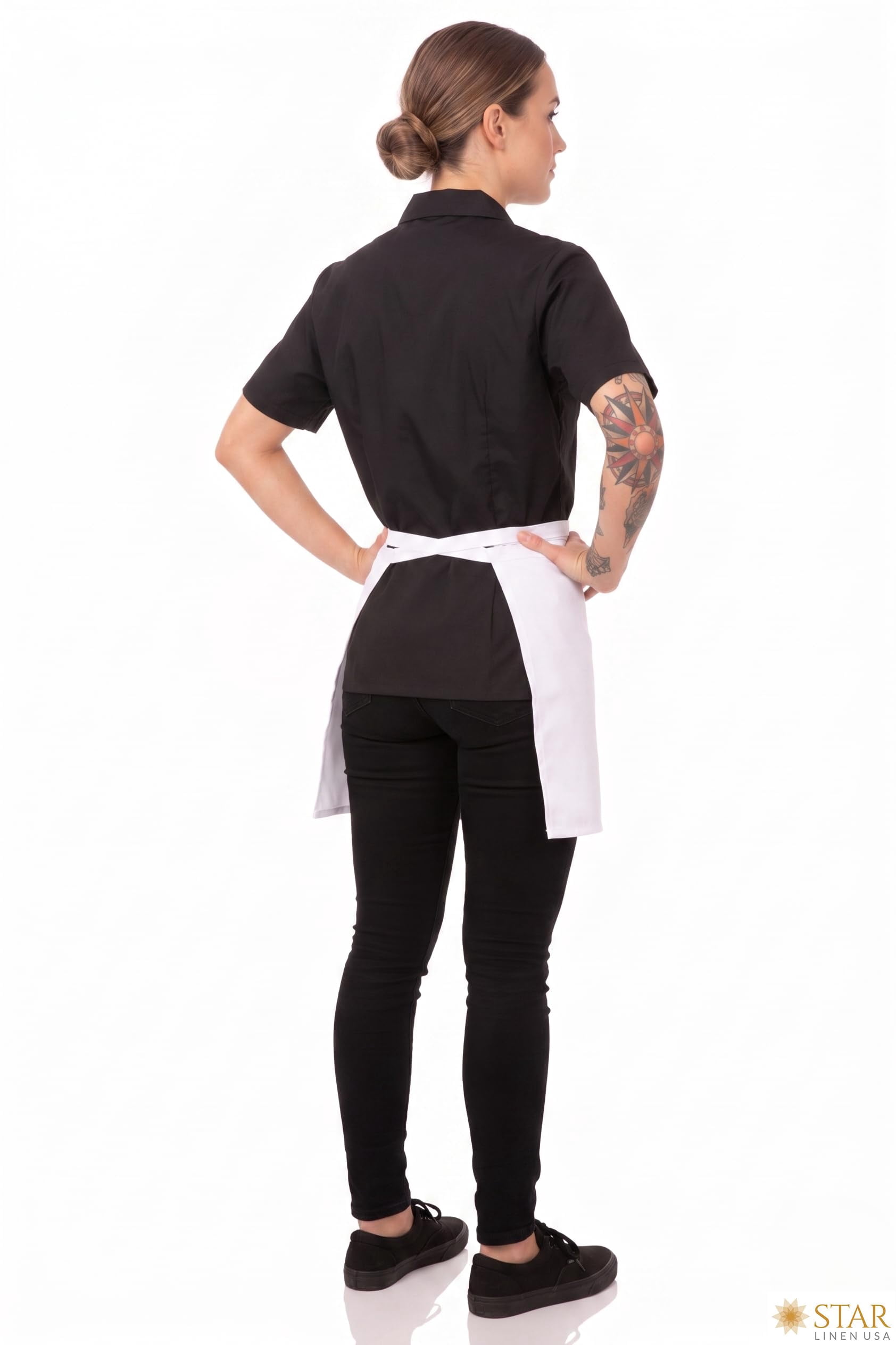 48 Pack Premium Four Way Apron | 17x34 | White | 55% Cotton 45% Polyester | Tie Strap Closure | Machine Washable