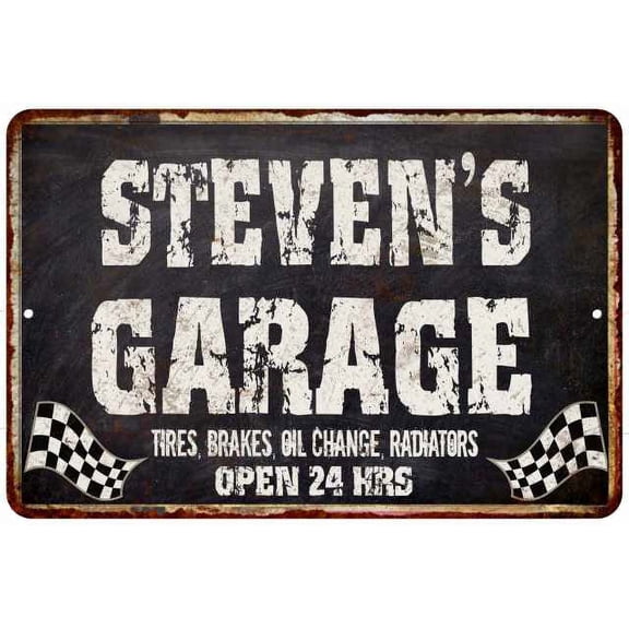STEVEN'S Garage Black Grunge Sign 8 x 12 High Gloss Metal 208120005348
