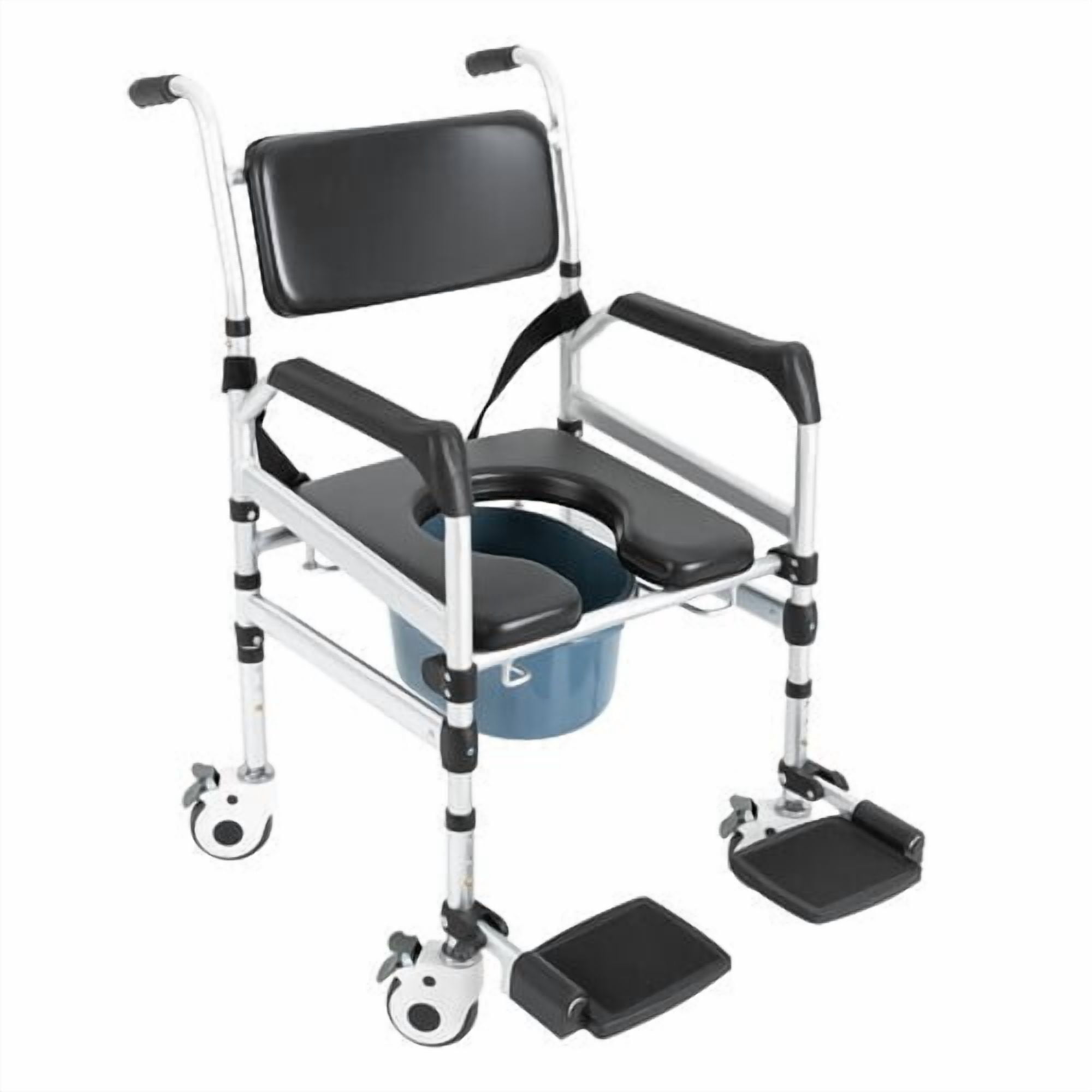 3 in 1 Foldable Height Adjustable Shower Wheelchair, Accessibility Commode Wheelchair with Flip-Up Footrests, Transport Rolling Chair for Elderly, Disabled, Adults