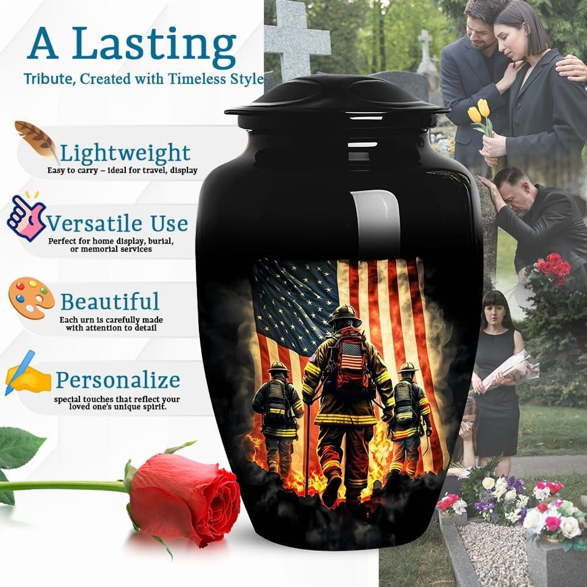Firefighter Tribute Cremation Urn for Human Ashes, Large Urn for Adult Human Ash, Patriotic Urns for Ashes Adult Male, American Flag Urn for Ash,(Size 10”, 1 Pc)