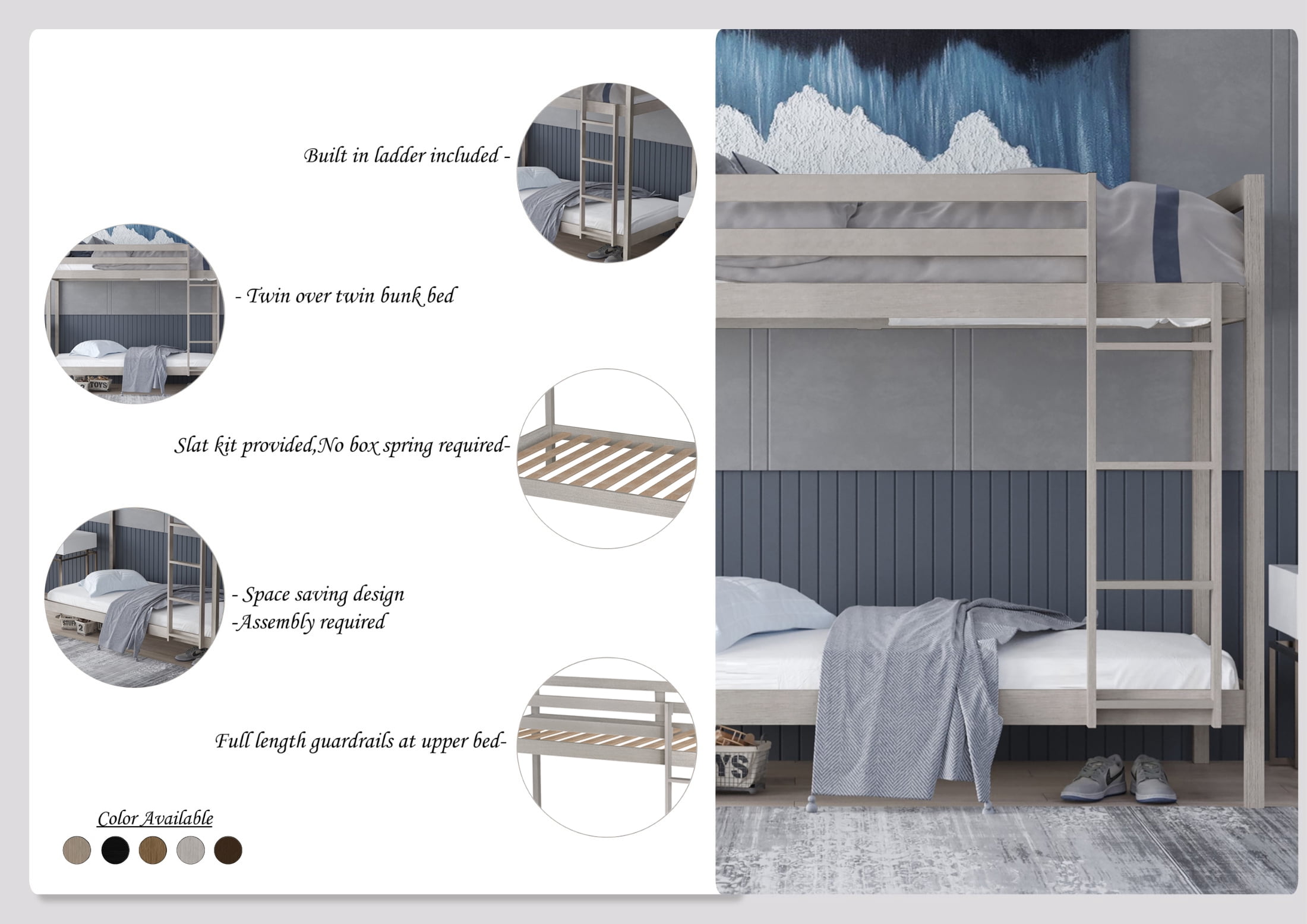 Castle Place Modern Twin over Twin Wooden Bunk Bed, Walnut