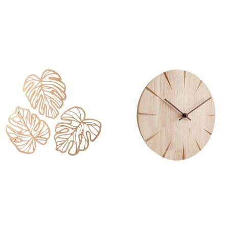 4 Pieces Palm Leaves Wall Plaque Round Wood Wall Clock Hanging Solid Wood Design for Offices Living Rooms Bedrooms