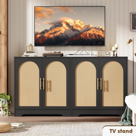 COZONY 59" Sideboard Buffet Cabinet with 4 Rattan Doors, Boho Storage Console Table & Coffee Bar Cabinet for Living Room, Kitchen, Dining Room, Entryway,Black