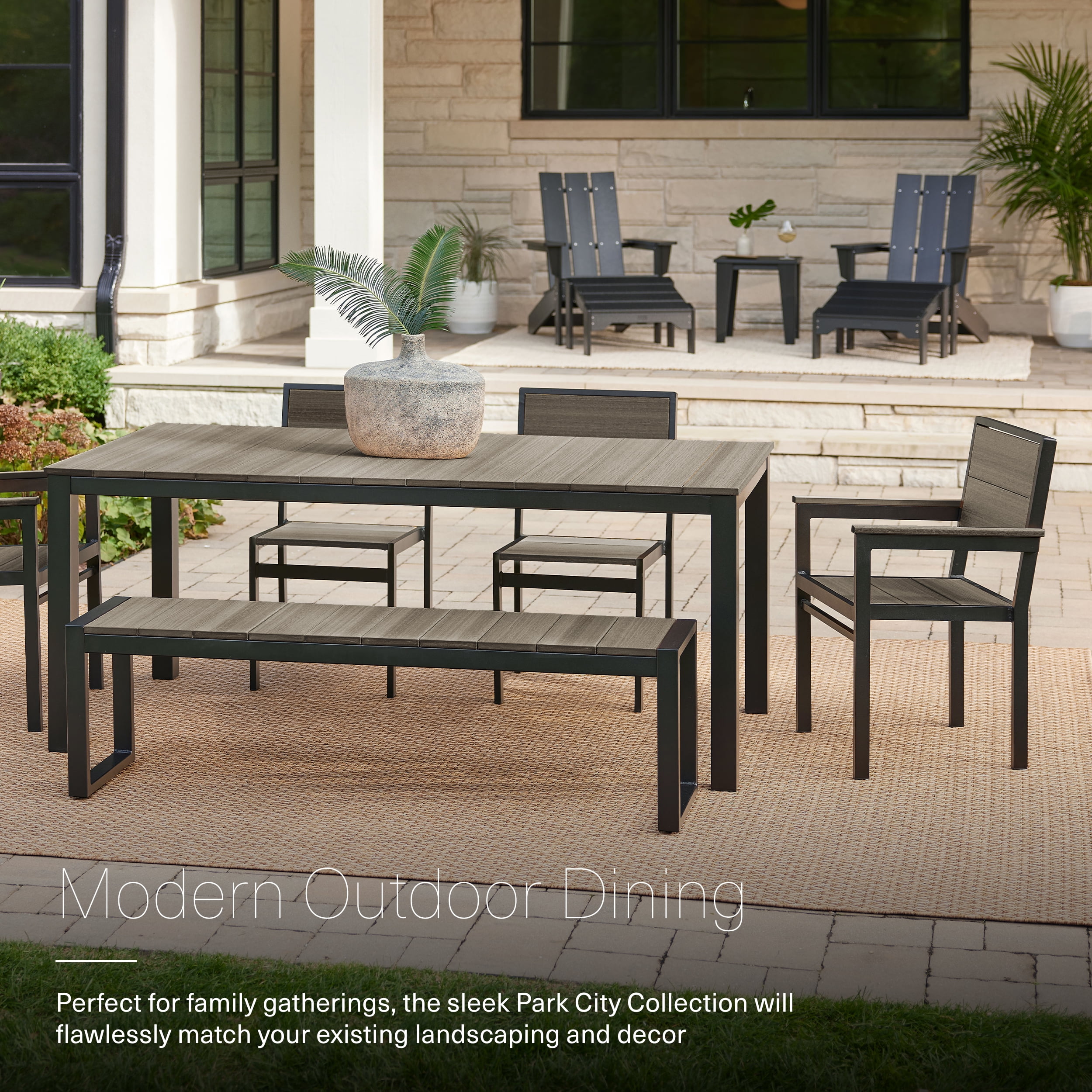 DuroGreen Park City 72" Rectangular 6-Pc Outdoor Dining Set, 1 Table/1 Bench/4 Chairs Made With All-Weather Tangent Sustainable Lumber, High End Patio Furniture, Black with Coastal Gray