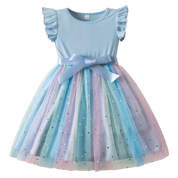 Girls Ruffle Sleeve Princess Dress Gradient Tulle Dress Satin Bow Waist Dress Birthday Party Pageant Dress Flowy A Line Silhouette Dress For Girls Blue 2Y