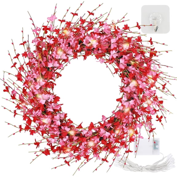 Guvpev 24" Artificial Pink Forsythia Flower Wreath, Spring/Summer Front Door Decor with Hook & Light String, Valentine's Day & Holiday Decorations