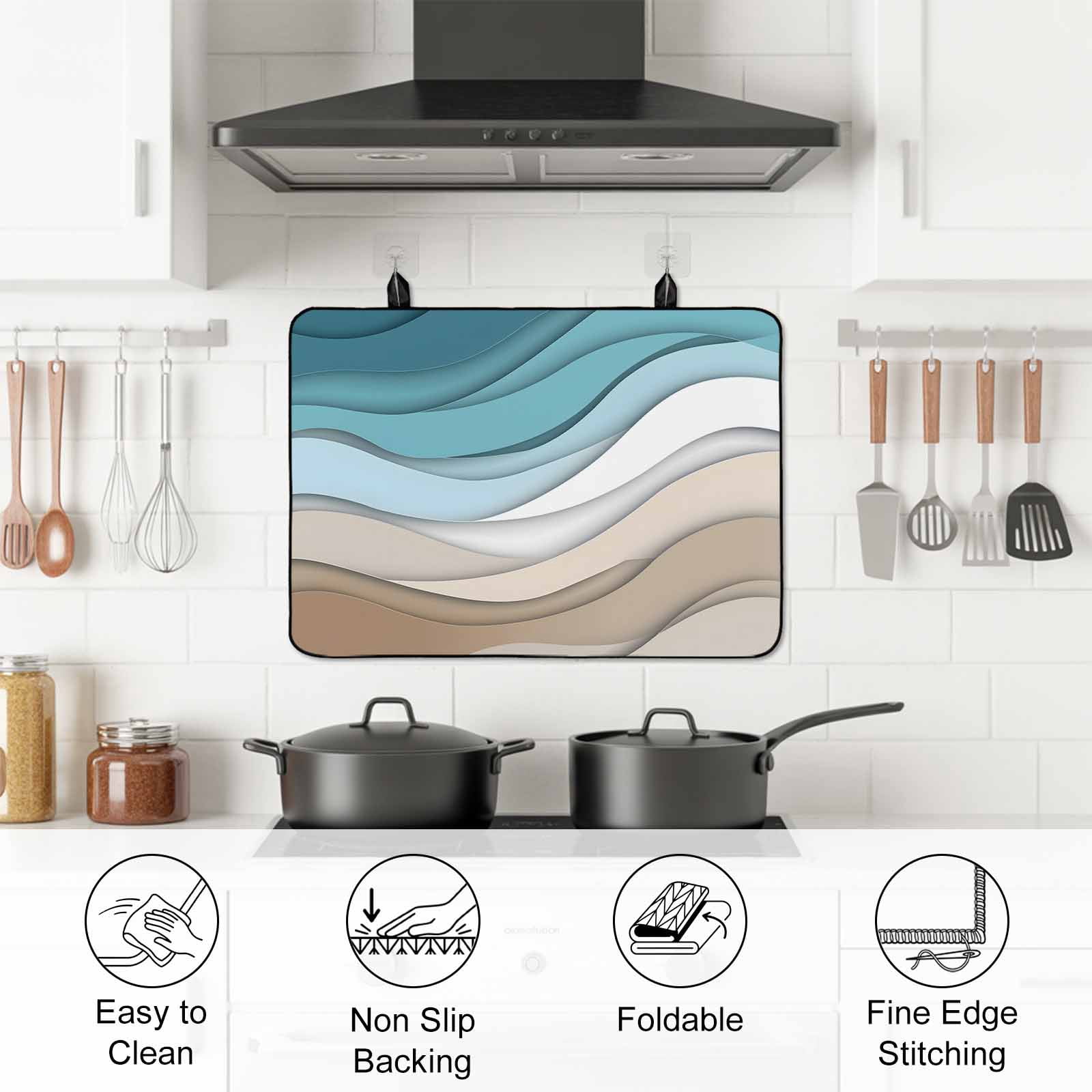 Turquoise Brown Stove Top Cover for Electric Stove, Heat-proof & Non Slip Glass Top Stove Cover Protector, Teal White Geometric Gradient Stripes Kitchen Flat Cooktop Rubber Mat 24x21 Inches
