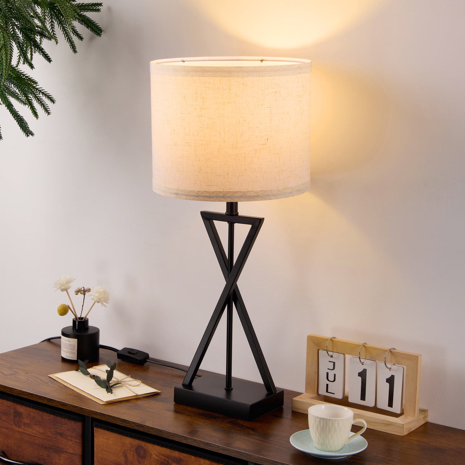 Walchoice Modern Table Lamp, Minimalist Bedside Desk Lamp with Linen Shade, Rustic Vintage Nightstand Lamp for Bedroom Living Room Doorway