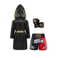 thumbnail image 2 of Kaerm Kids Boys Boxing Costumes Kickboxing Boxer Outfits Hooded Cloak Robe + Muay Thai Shorts Gloves Black&Gold 6, 2 of 5