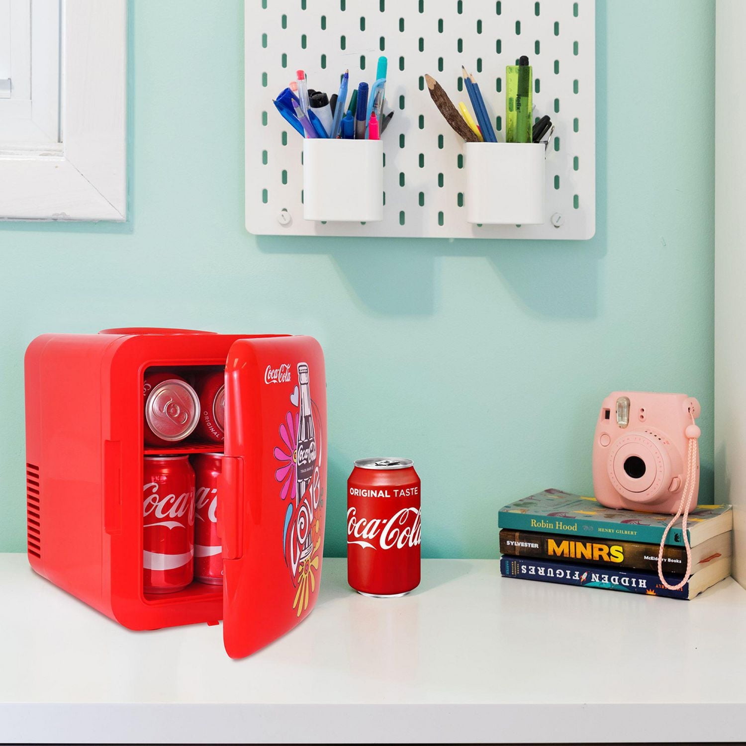 Coca-Cola 4L Portable Mini Fridge, 6 Can Mini Cooler/ Warmer for Travel, Office & Home- Red