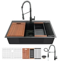 33 Inch Gunmetal Black Waterfall Kitchen Sink with Pull Out Faucet Combo,  Smart Black Drop-in Kitchen Sink, Single Bowl Modern Waterfall Stainless Steel Workstation with Various Accessories