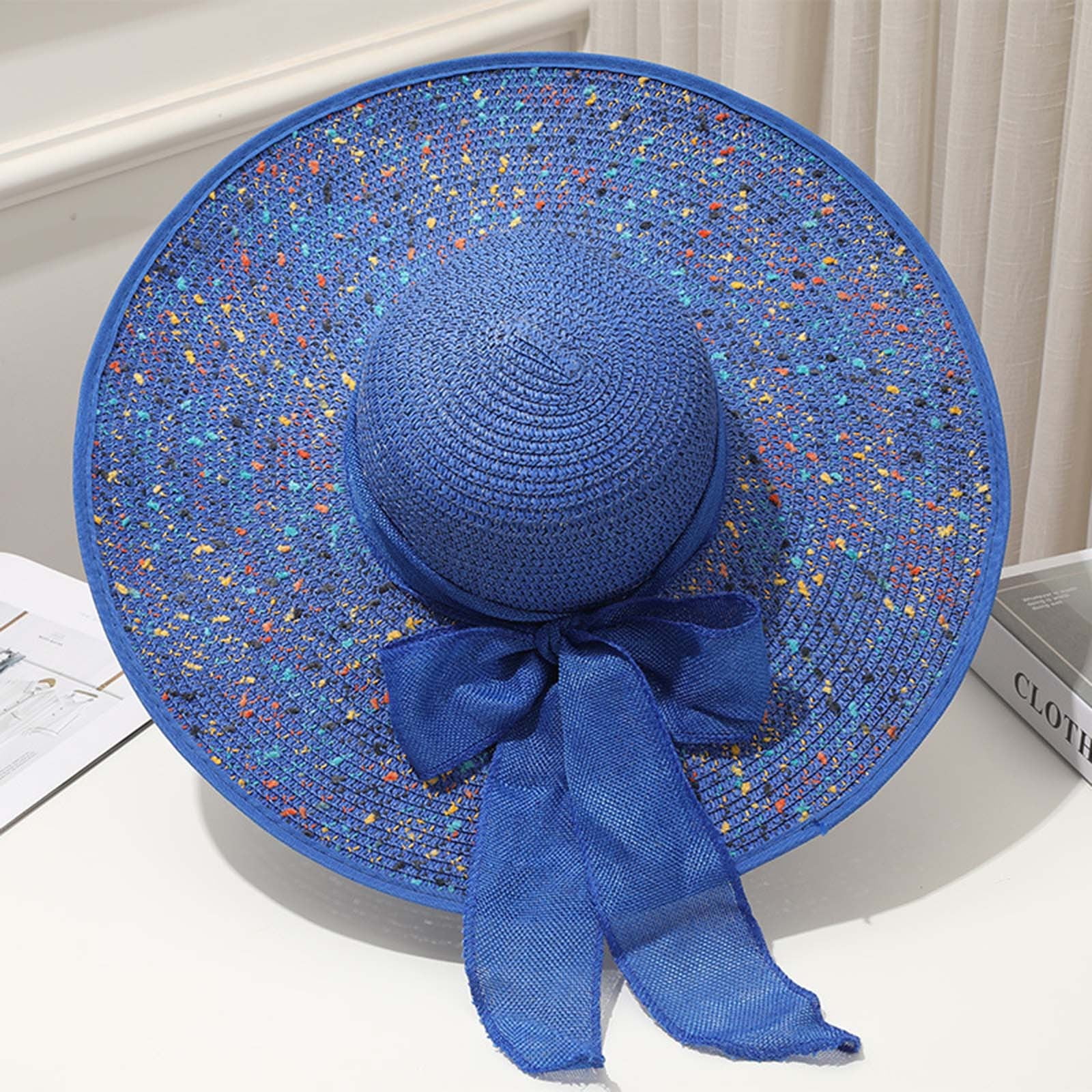 Elegant Blue Women\'s straw Hat with Ribbon Wildflower Sun Hat - Navy Wide & Short Grosgrain Ribbon  main image 2