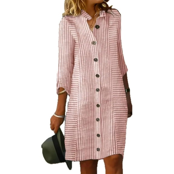Women's Button Down Striped Dress Casual 3/4 Sleeve V Neck Loose Midi Shift Dresses