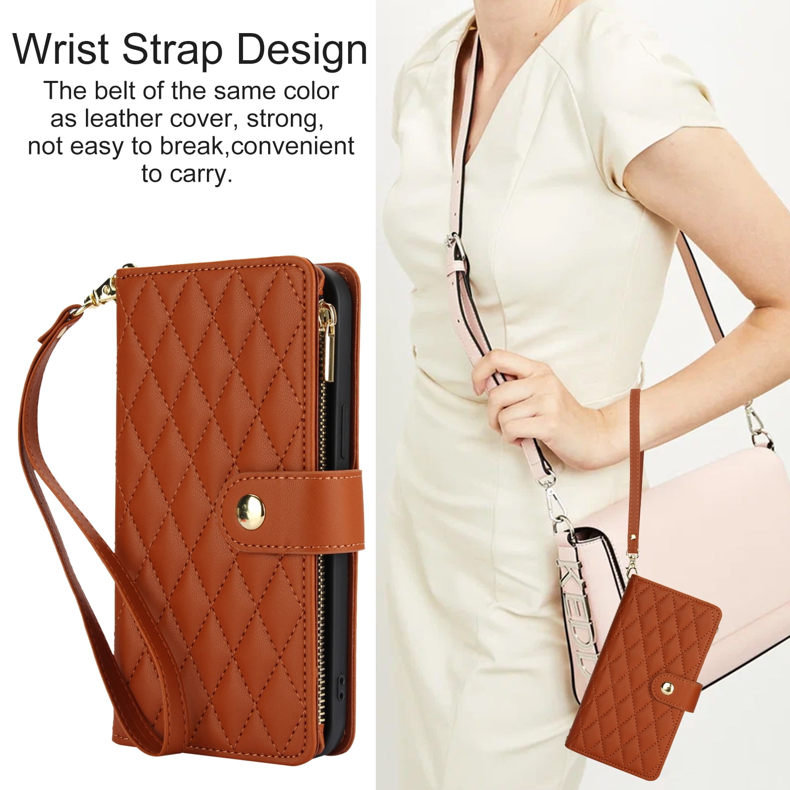 Phone Case for Apple iPhone 14 Plus, Premium iPhone 14 Plus Case with Wallet, Card Holder, Coin Zipper Pocket Shockproof Flip Cover Stand with Wrist Strap & Detachable Shoulder Strap,Brown