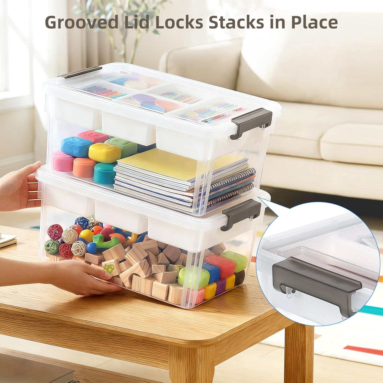 17 QT Clear Stackable Craft Storage with 1 Removable Fixed-Compartment Tray, Craft Organizers and Storage for Painting, Coloring Book & Playdoh Supplies, 2 Packs
