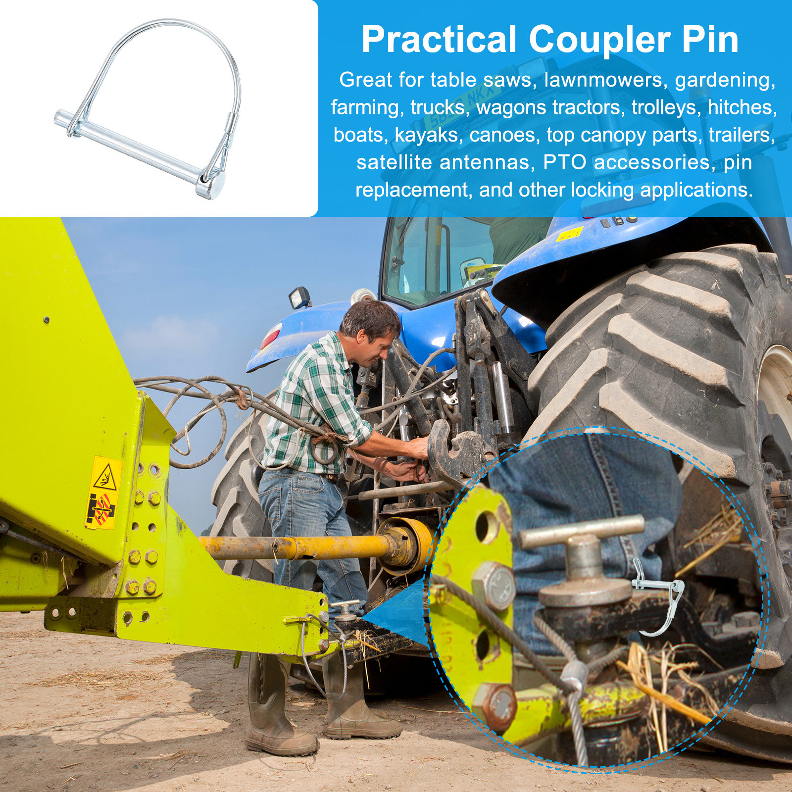 Uxcell Trailer Coupler Pin 1/4"x2-3/4", 10 Pcs Wire Lock Safety Shaft Locking Round Pto Pins for Farm Trailers Lawn Hitches Garden Tractor Kayak Boat, Silver (6x70mm)