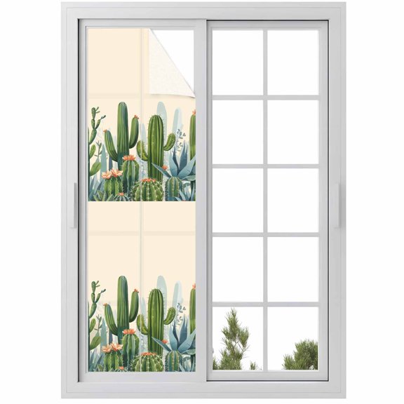 Green Cactus Window Privacy Film, Watercolor Summer Botanical Beige Static Cling UV Sun Blocking Heat Control Window Tint Day and Night, Non-Adhesive One Way Windows Privacy Cover 17.7''x78.7''