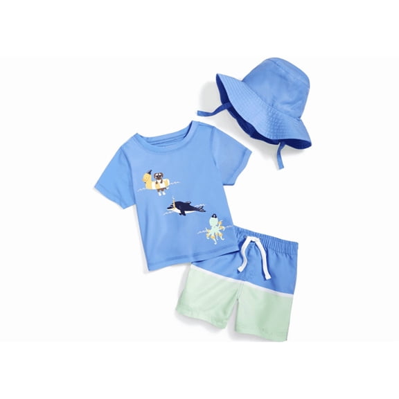 First Impressions Baby Boys Floatie Friends Swim Shirt, Shorts and Hat, 3 Piece Set, Iris Mist