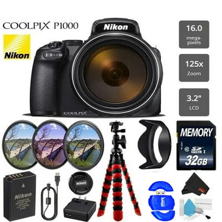 Nikon Coolpix P1000 16MP 125x Super-Zoom Digital Camera + 32GB | Filters | Flexible Tripod & More