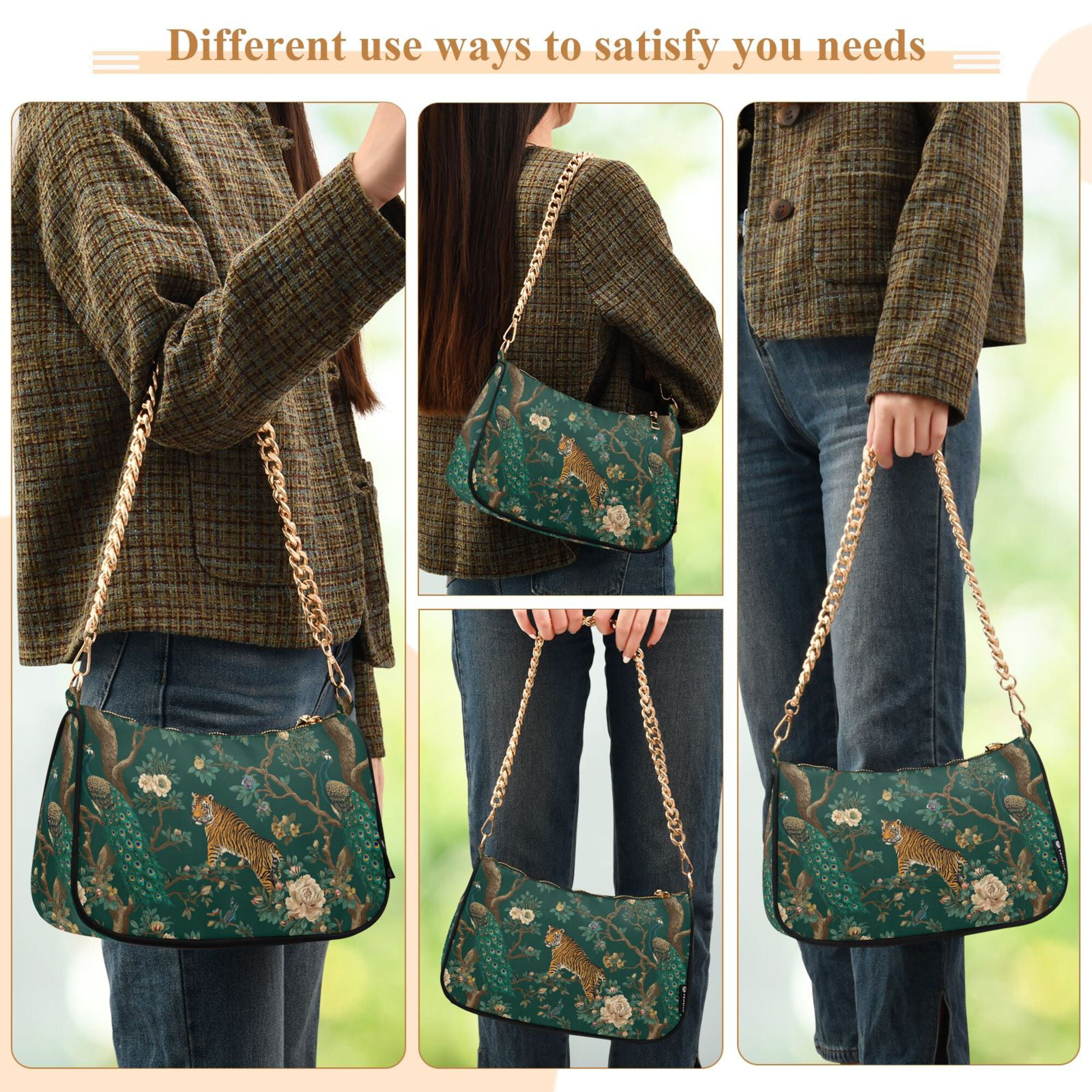 FORMRS Womens Shoulder Bag with Chain Strap Clutch Purse Cute Tote Handbag, Tiger and Peacock Pattern