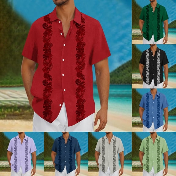 SGFCWSX Men's Printed Guayabera Short Sleeve Button Up Shirt Casual Cuban Collar Shirt for Tropical Summer Outfits Red Size XL