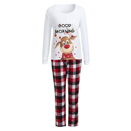 

Christmas Family Matching Pajamas Set Sleepwear Long Sleeve Elk Print T-shirt + Plaid Pants Nihgt Wear Loungewear