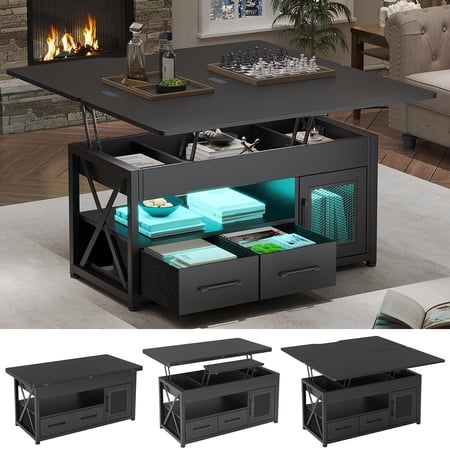 Afuhokles 40" Lift Top Coffee Table, 4 in 1 Coffee Tables with Storage Cabinet for Living Room, 2 Fabric Drawers and LED Light, Black