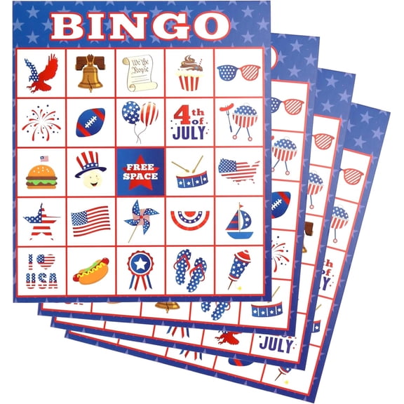Patriotic Bingo Game Set For 32 Players, American Flag And USA Map Theme, Independence Day Party Activity With Extra Pinning Game, Red White Blue