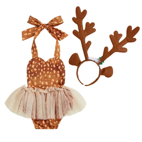 Cjfdfy Newborn Baby Girl Christmas Outfit Kids Baby Reindeer Costume Deer Romper Dress 0 3 6 9 12 18 24 Months Sleeveless Halter Neck Backless Tulle Bodysuit Antlers Headband Animal Cosplay Costume