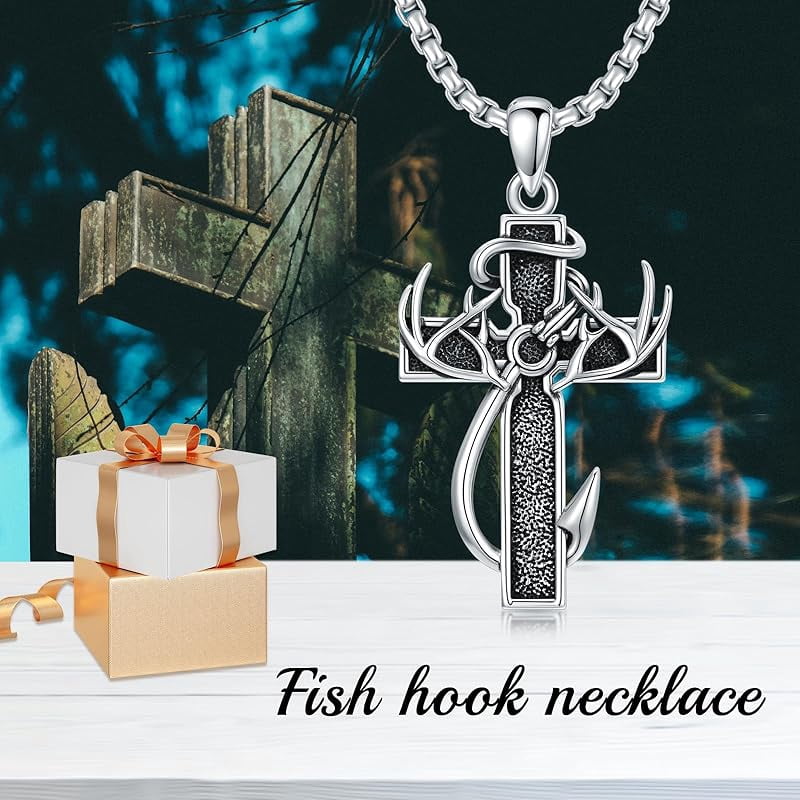 Cross Urn Necklace for Ashes Fish Hook Antler Cremation Pendant 925 Sterling Silver Nail Cross Memorial Jewelry Engraving Name Keepsake Gifts for Men Dad Husband