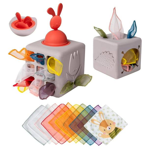 Taf Toys Caja De Pañuelos Para Bebé, Juguetes Montessori Para Bebés, Juguete De Silicona Para Desarrollo De Habilidades Motoras Y Sensoriales Con 10 Pañuelos De Tela, Juguetes De Conejito Emergentes P
