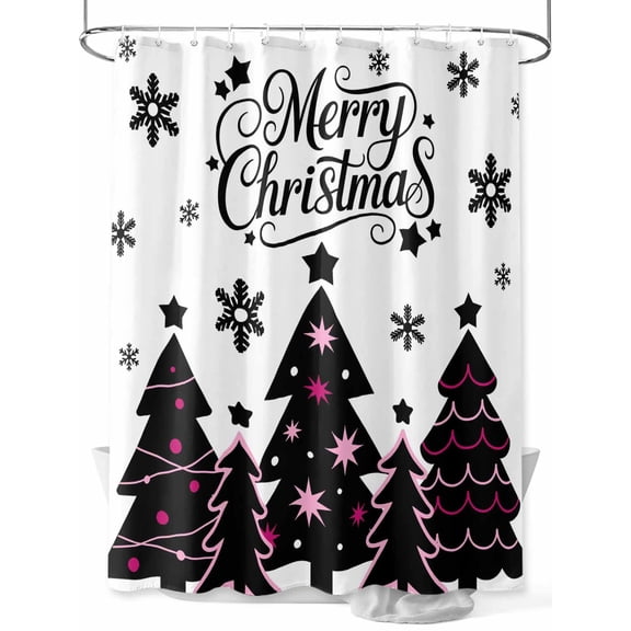 Pink Black Christmas Tree Shower Curtain Set, Waterproof Shower Curtains for Bathroom, Xmas Snowflake Washable Fabric Cloth Bath Curtain for Bathtub Decoration with Hooks 66x72 Inches