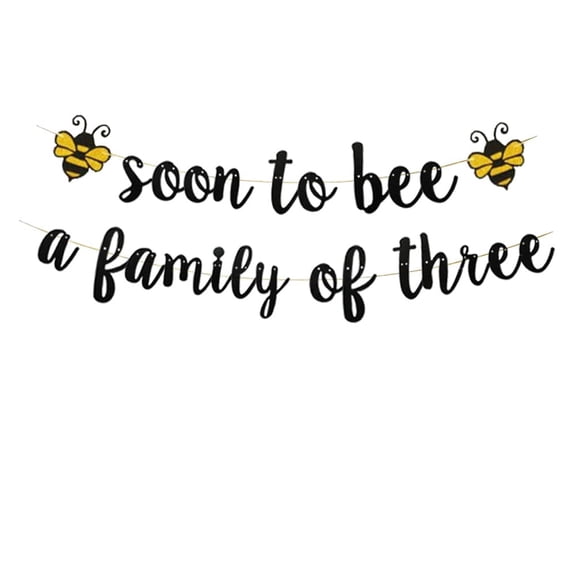 Soon To Bee a Family of Three Banner, Welcome Baby Party Banner, Bumble Bee Theme Baby Shower/Mommy to Bee Party Supplies Decoration (Black)
