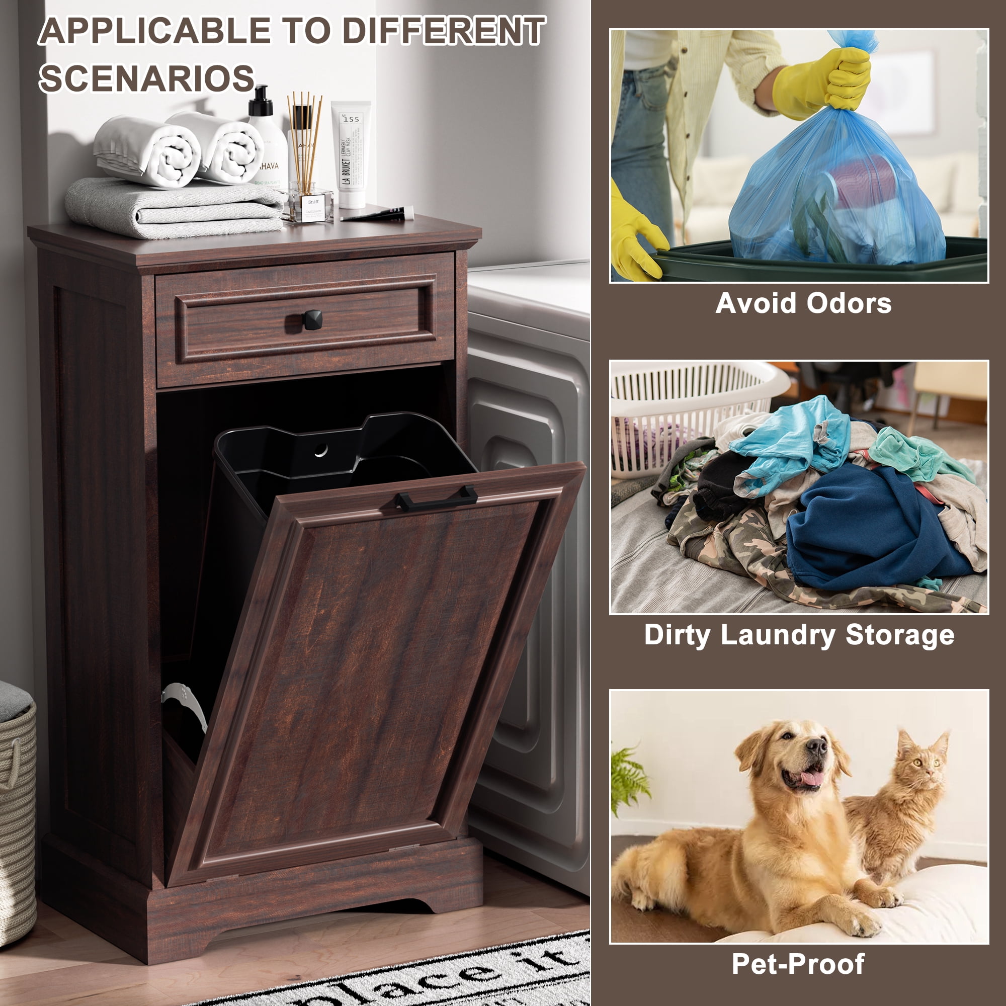 HARIPUL Single Tilt Out Trash Cabinet for 13 Gallon Trash Can, Laundry Hamper Tilt Out Pet Proof Trash Cabinet for Kitchen, Brown