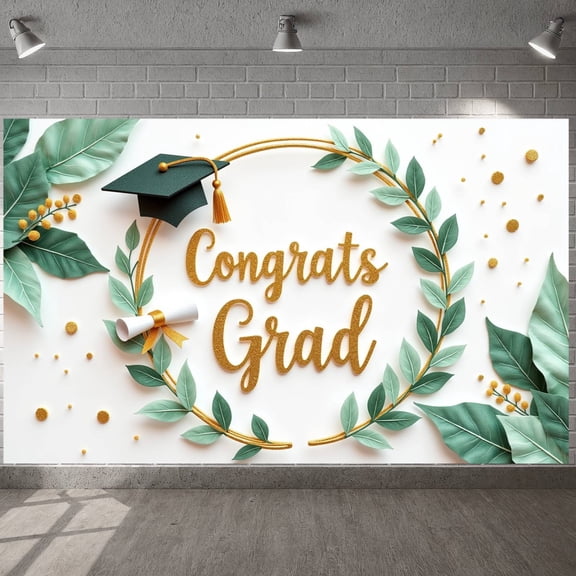 Gold Glitter Graduation Banner Green Leaf Congrats Grad Display Laurel Wreath Graduation Cap Graduation Backdrop for Graduation Party Commencement Ceremony Photo Backdrop