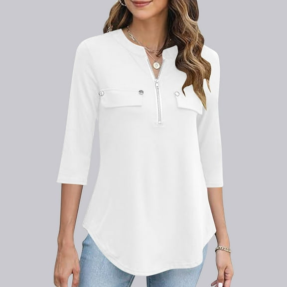 Blczomt 3/4 Sleeve Womens T Shirts Plain Tunic Gray Blouses Zipper Fall Winter Dressy Women Blouses L