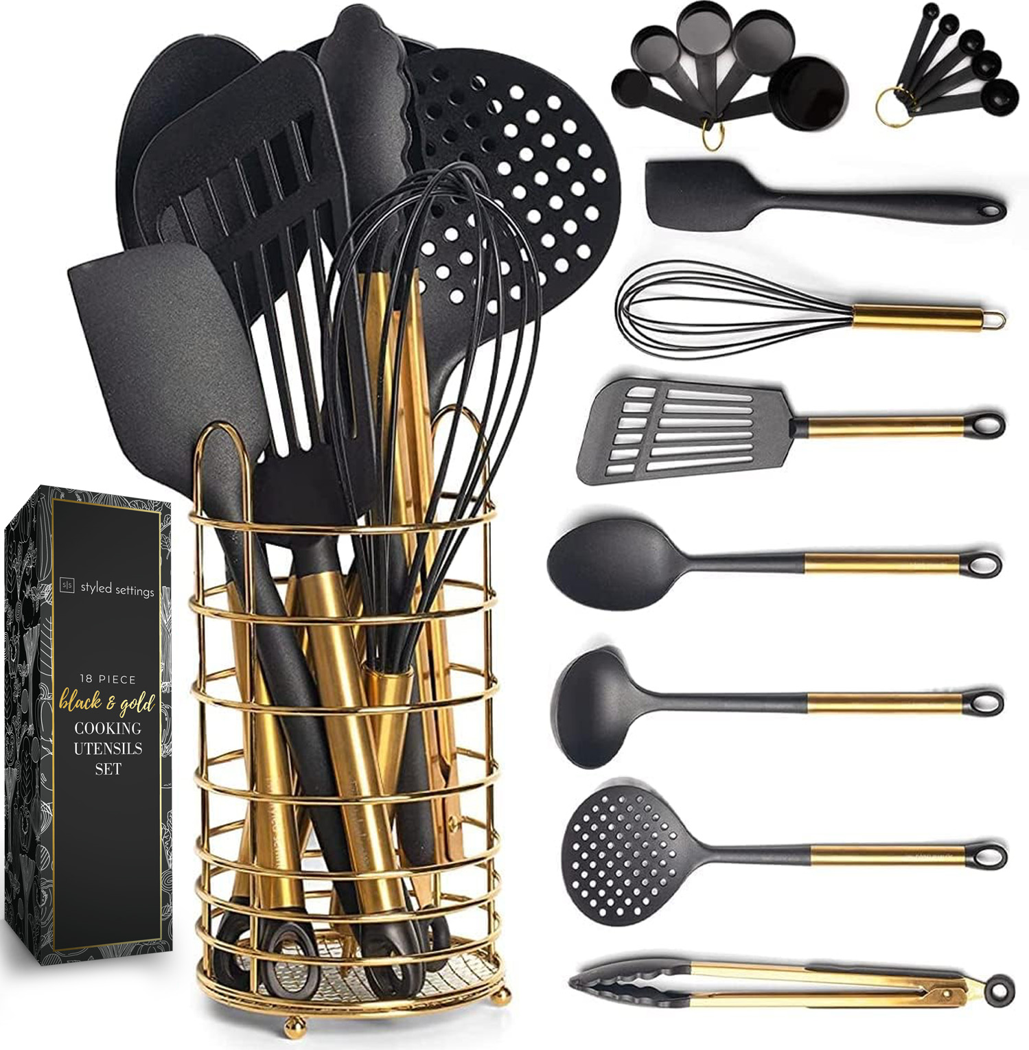 Styled Settings Black and Gold Silicone Kitchen Utensils Set