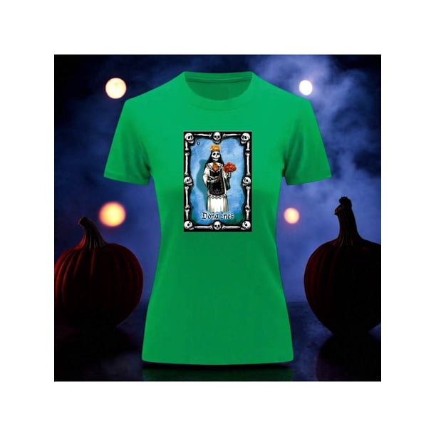 Playera Blusa Con Impresion De Doña Ines De Loteria Dia De Muertos Tradicion Mexicana Color Verde Talla Grande Marca Emil SaEs