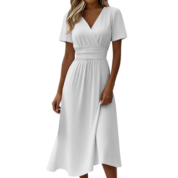 Eawtki Women's V Neck Short Sleeve Midi Dress Wrap Waist Asymmetric Hem Fitted Casual Summer Swing Dress For Women