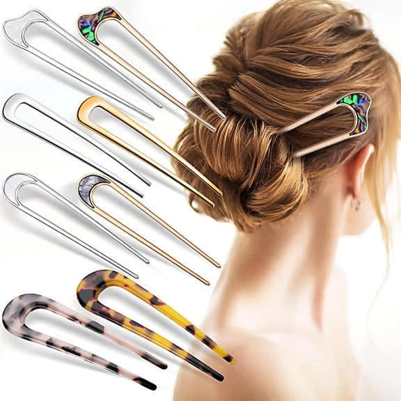8 Pieces French U Shaped Hair Pins Metal Acetate Updo Hair Stick Hair Forks 2 Prong Chignon Pins for Bun Women Hairstyle Accessories(Multicolor A)