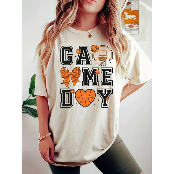 Camiseta informal de cuello redondo para mujer con estampado de letras "Game Day", manga corta elástica para todas las estaciones, ideal para deportes de ocio.
