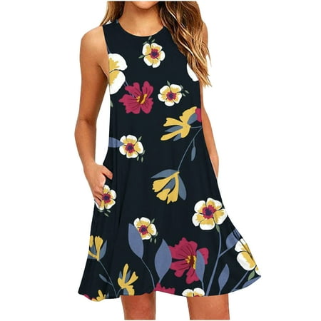 

KBKYBUYZ Women s Summer Stylish Sleeveless Printed Camisole Suspenders Round NeckPullover Dress