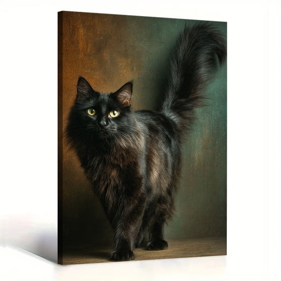 Fluffy Black Cat Canvas Wall Art Long Hair Kitten Portrait Living Room Bedroom Elegant Pet Poster Decor Print Ready to Hang 8*12